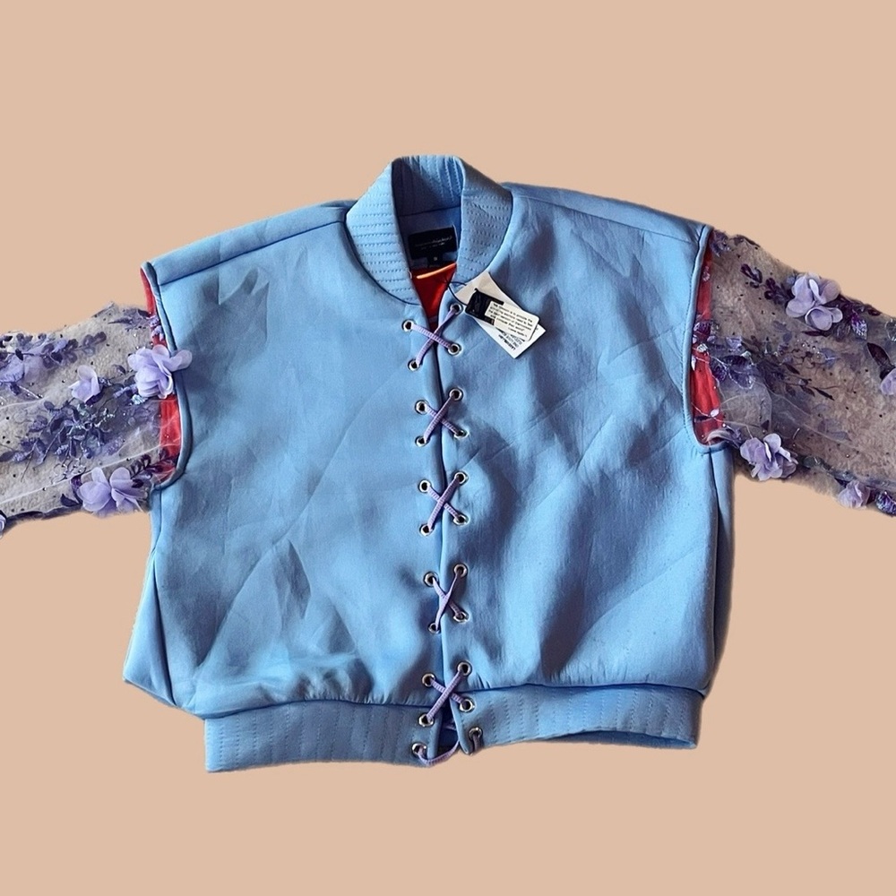 Blue/Lilac Lace-Up Jacket with Floral Sleeves